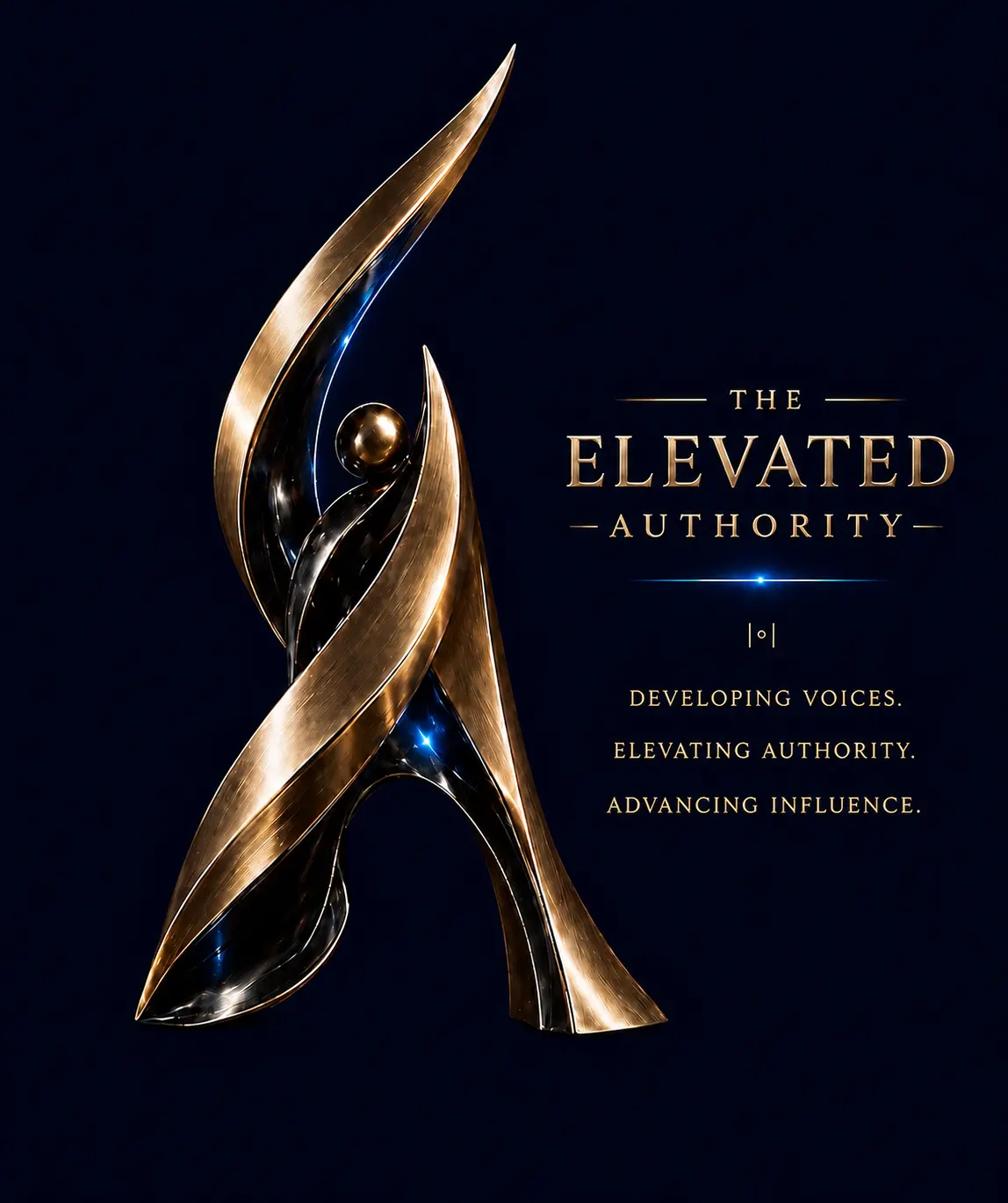 The Elevated Authority — sculptural emblem in champagne gold over deep navy